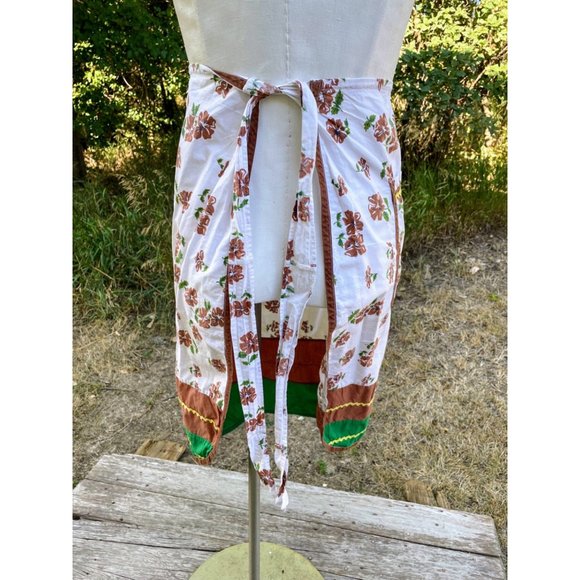 Vintage Brown Green Floral Long Half Apron Ric-rac Farmhouse - Picture 8 of 11